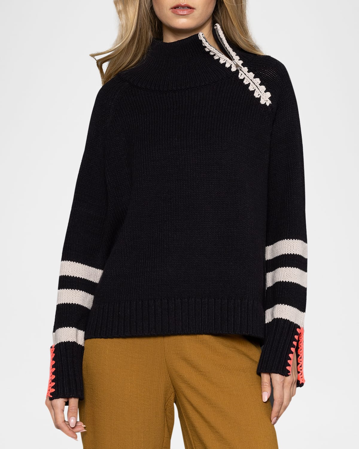 Lisa Todd Unzipped Crochet-trim Knit Sweater In Black