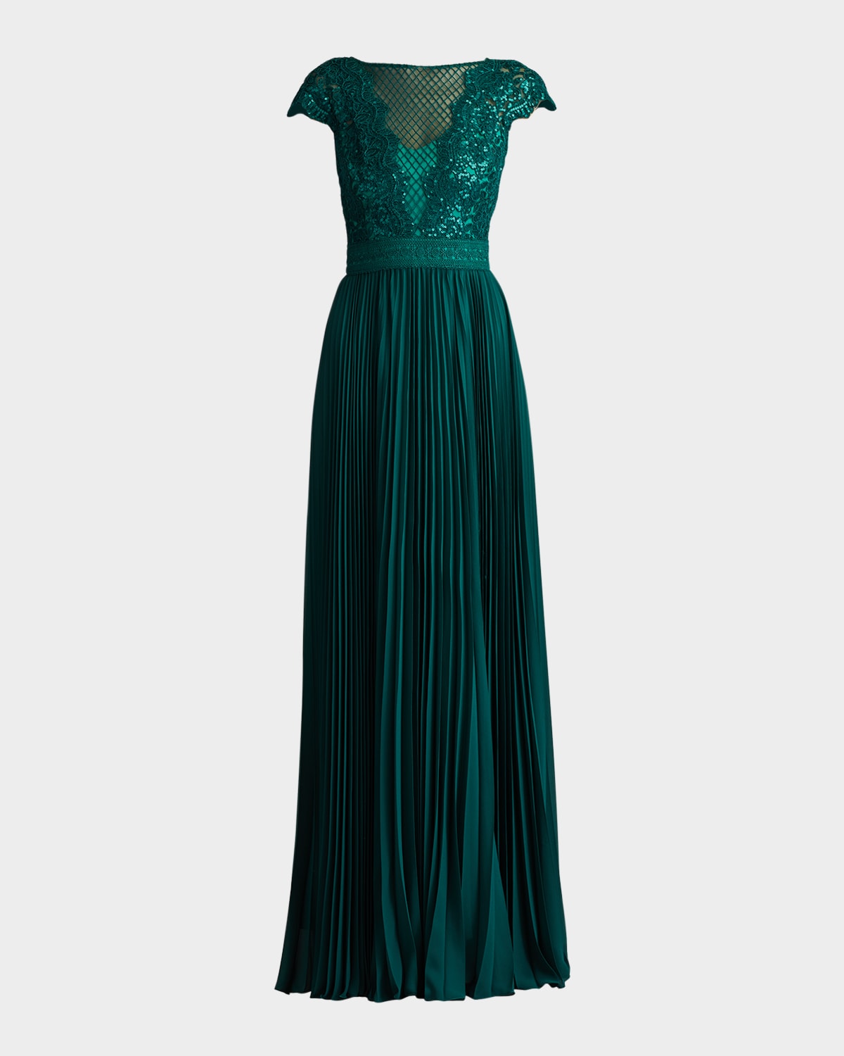 Tadashi Shoji Surette Sequin Embroidered Pleated Chiffon Gown In Bamboo