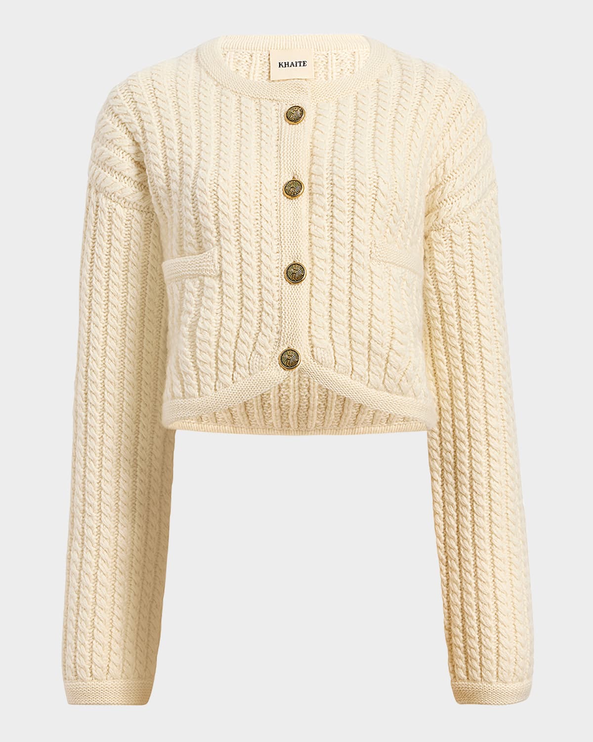 Shop Khaite Balser Cashmere Cable-knit Crop Cardigan In Cream