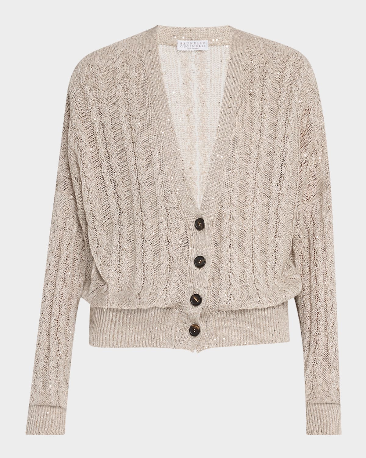 Brunello Cucinelli Linen Paillettes Cable-knit Cardigan In Beige Freddo
