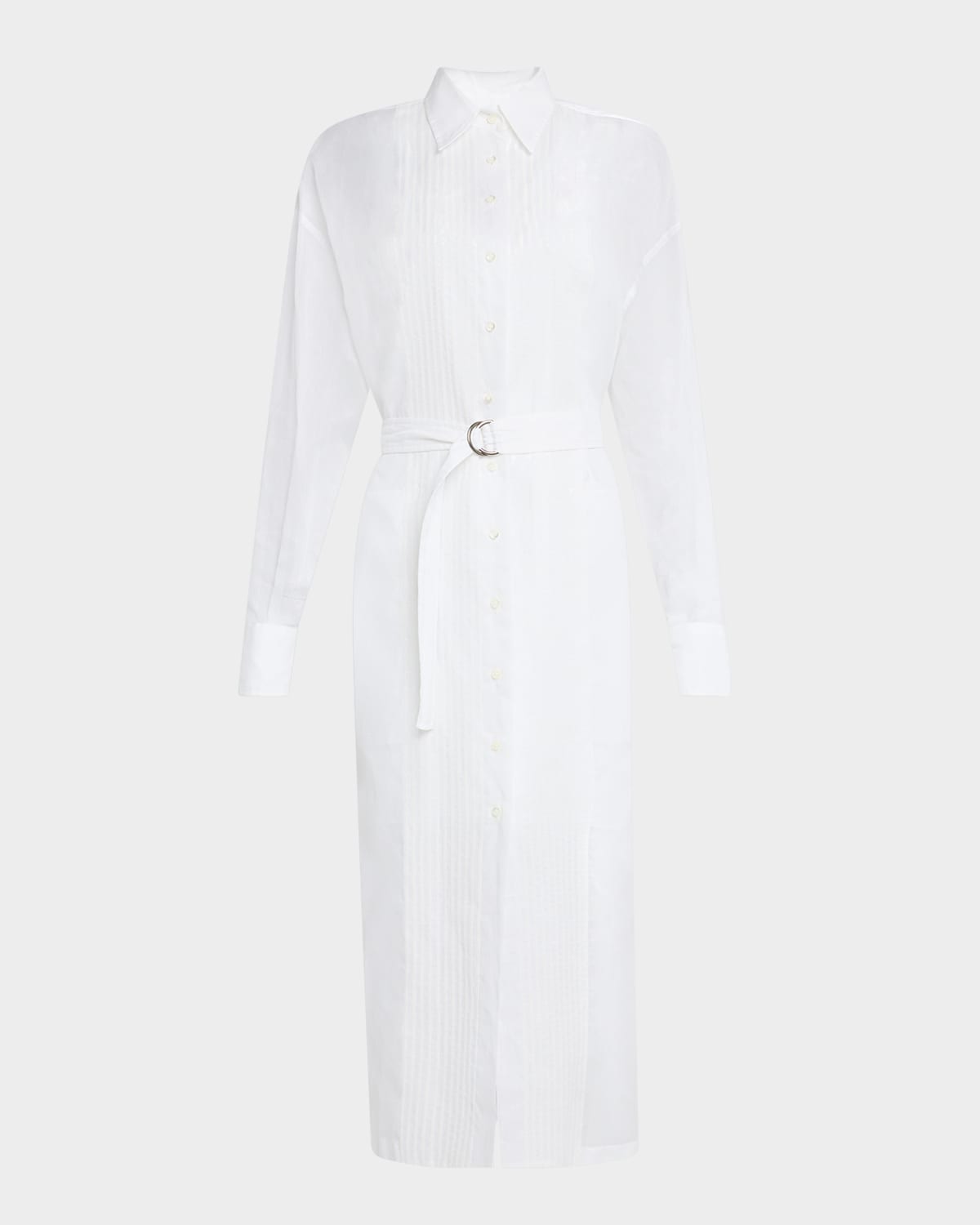 Brunello Cucinelli Tuxedo Bib Long-sleeve Belted Organza Tunic Shirt In Bianco