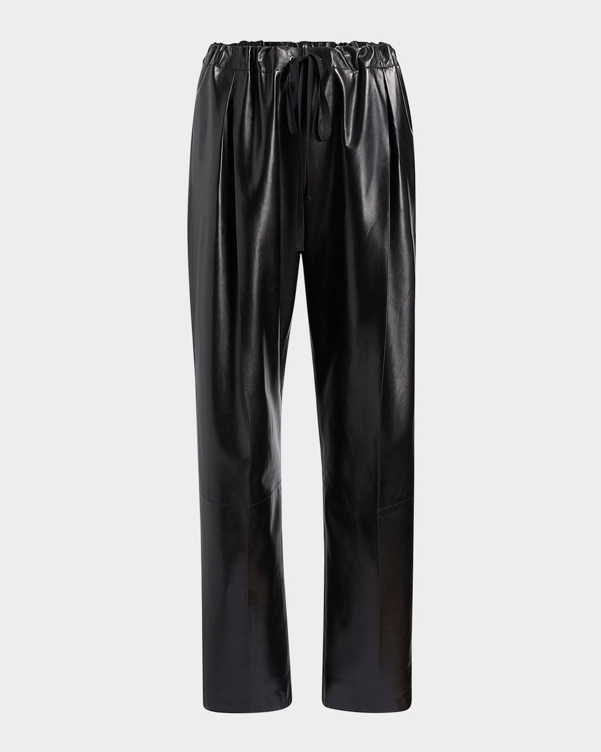 Khaite Trenton Straight Drawstring Leather Pants In Black