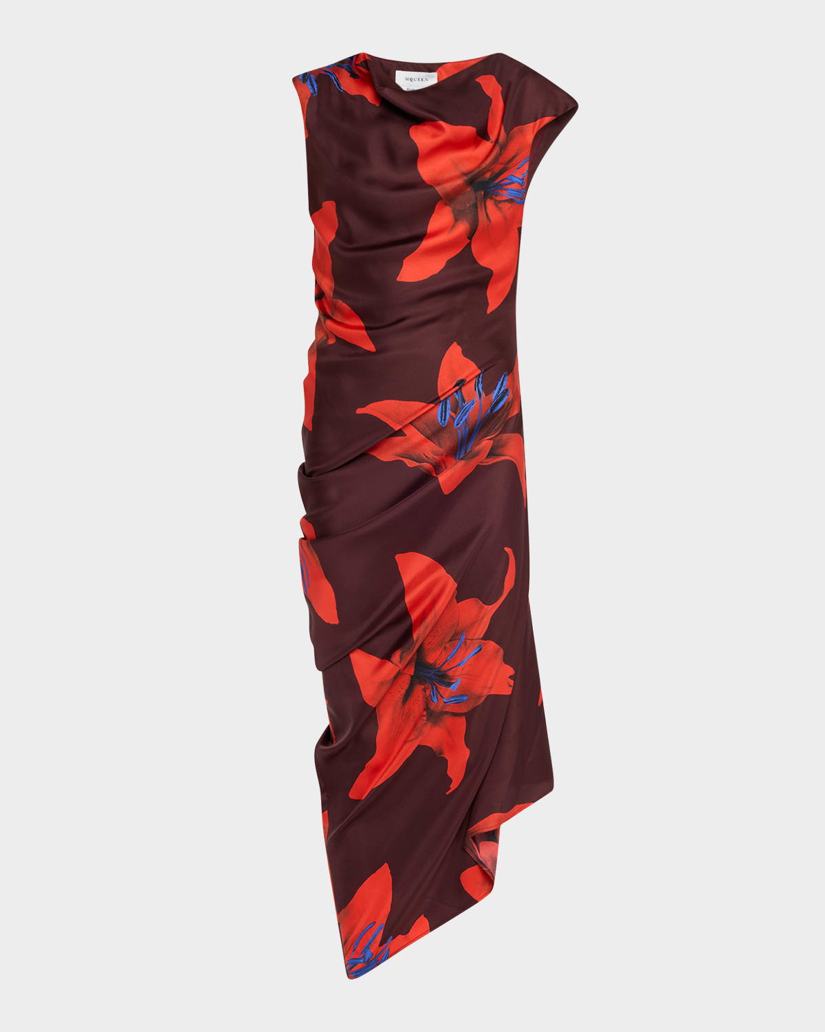 Alexander Mcqueen Lily-print Draped Short-sleeve Midi Dress In Ruby Red