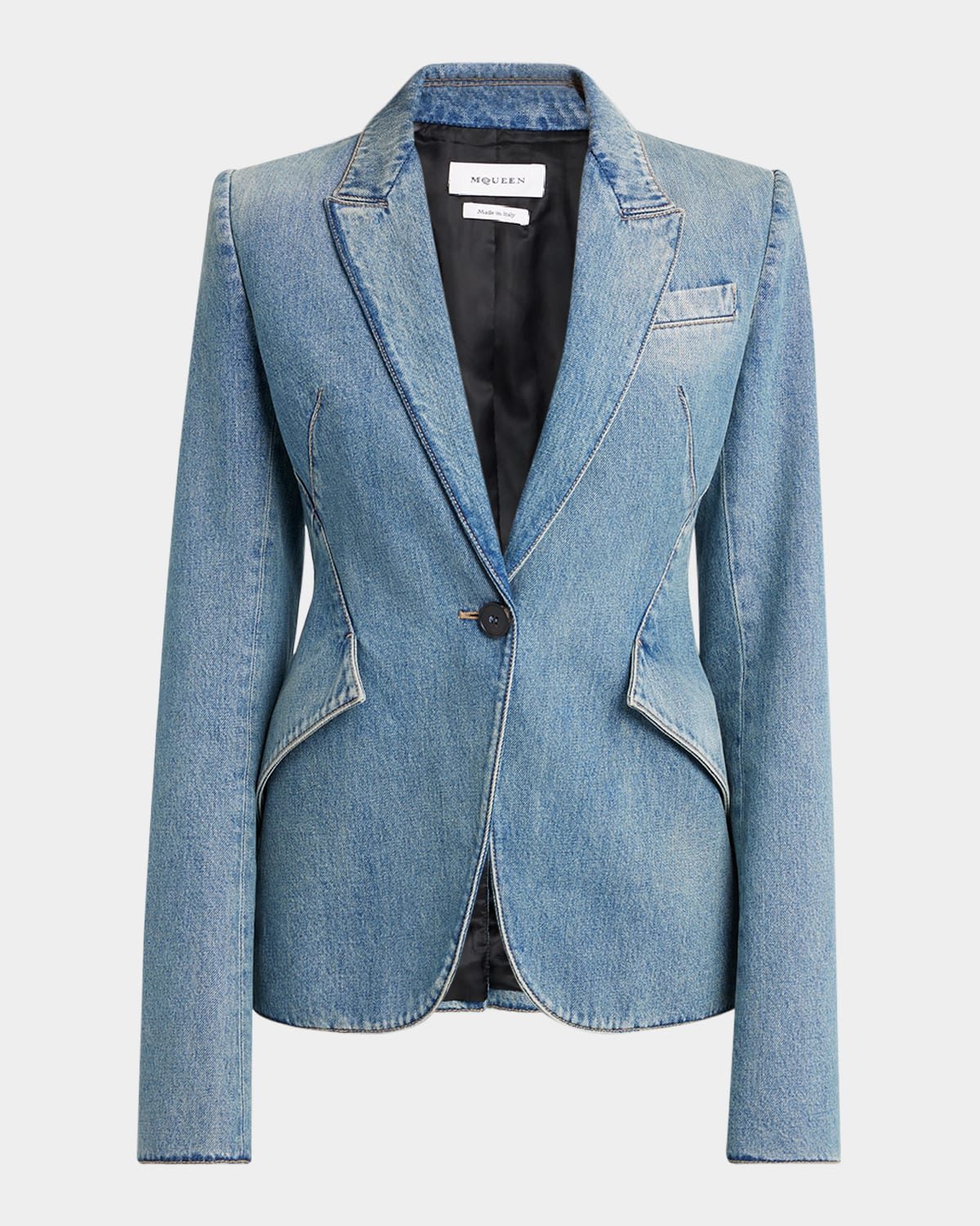 Shop Alexander Mcqueen Light-wash Denim Single-breasted Blazer In Indigo Ivy