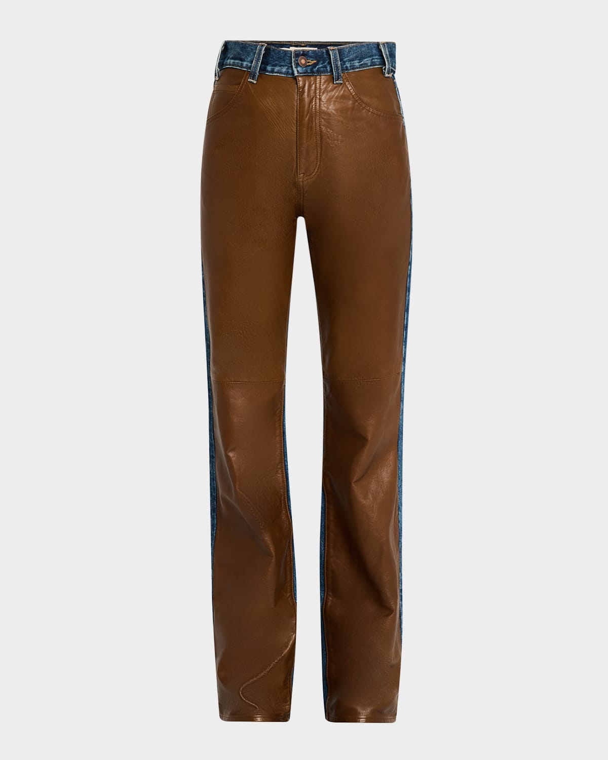 Nili Lotan Joan Mixed-media Leather Straight-leg Jeans In Simon Wash W Cognac