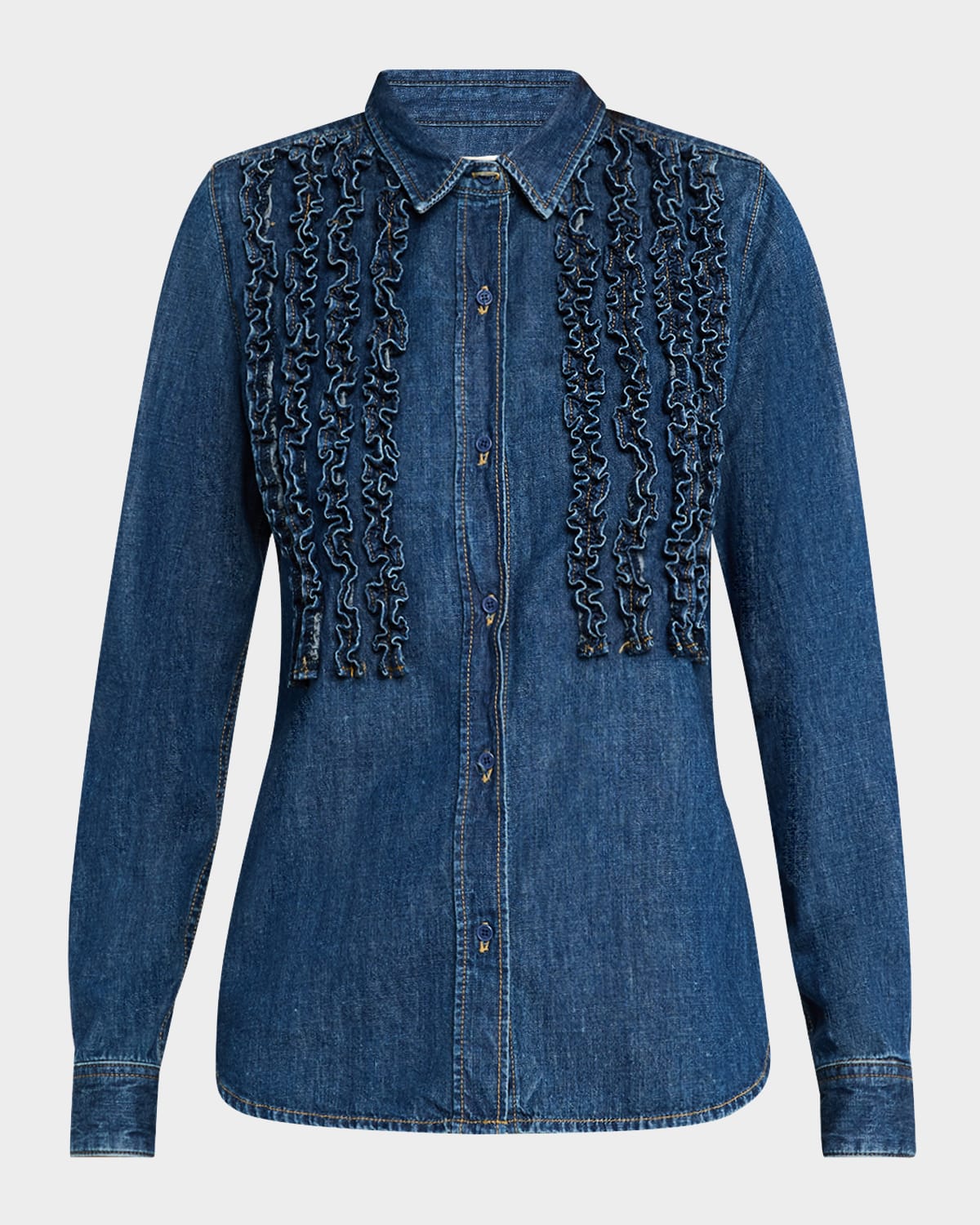 NILI LOTAN LEXA RUFFLE DENIM BUTTON-DOWN SHIRT 