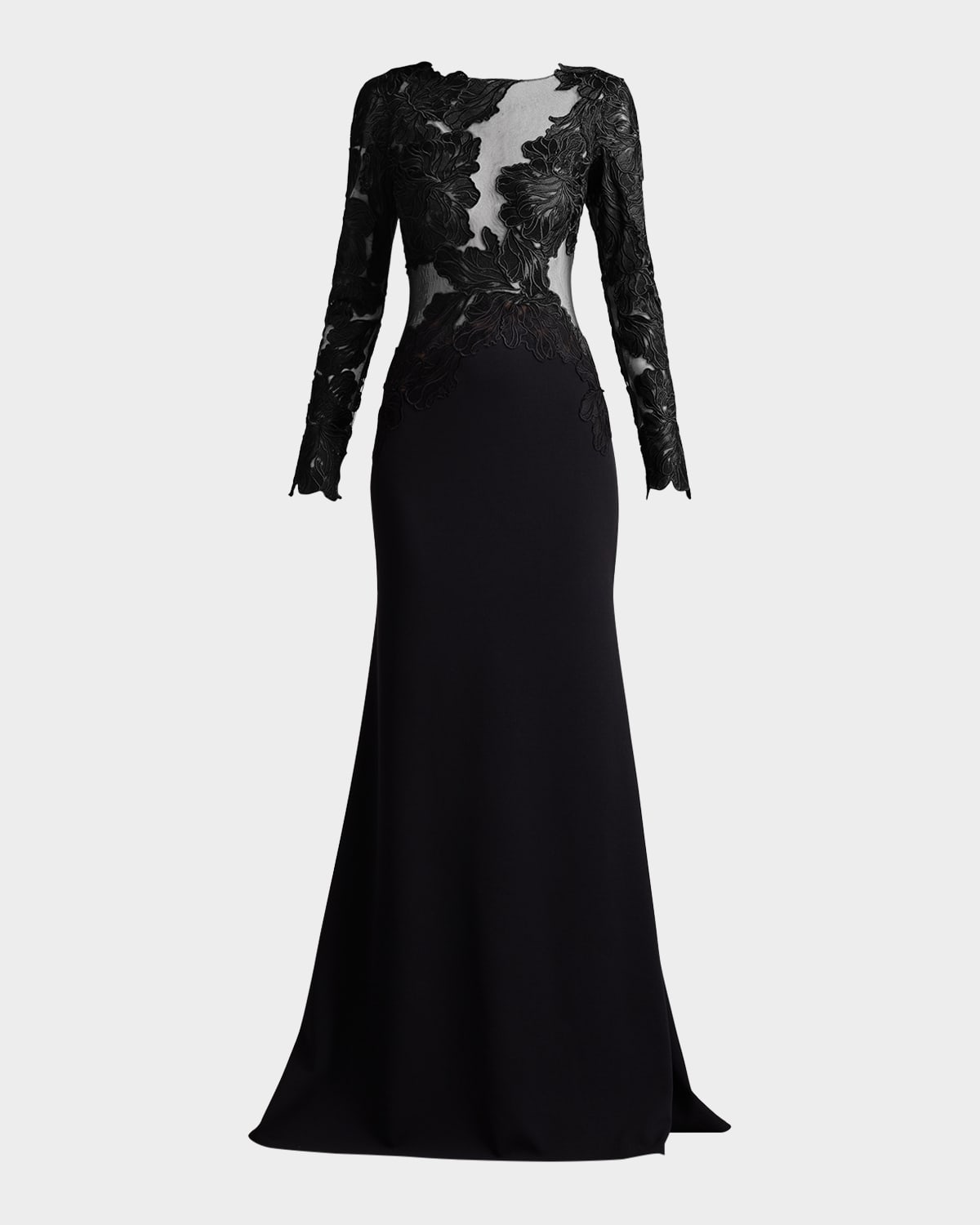Tadashi Shoji Textured Crepe Bloom Embroidered Long Sleeve Gown In Blacknude
