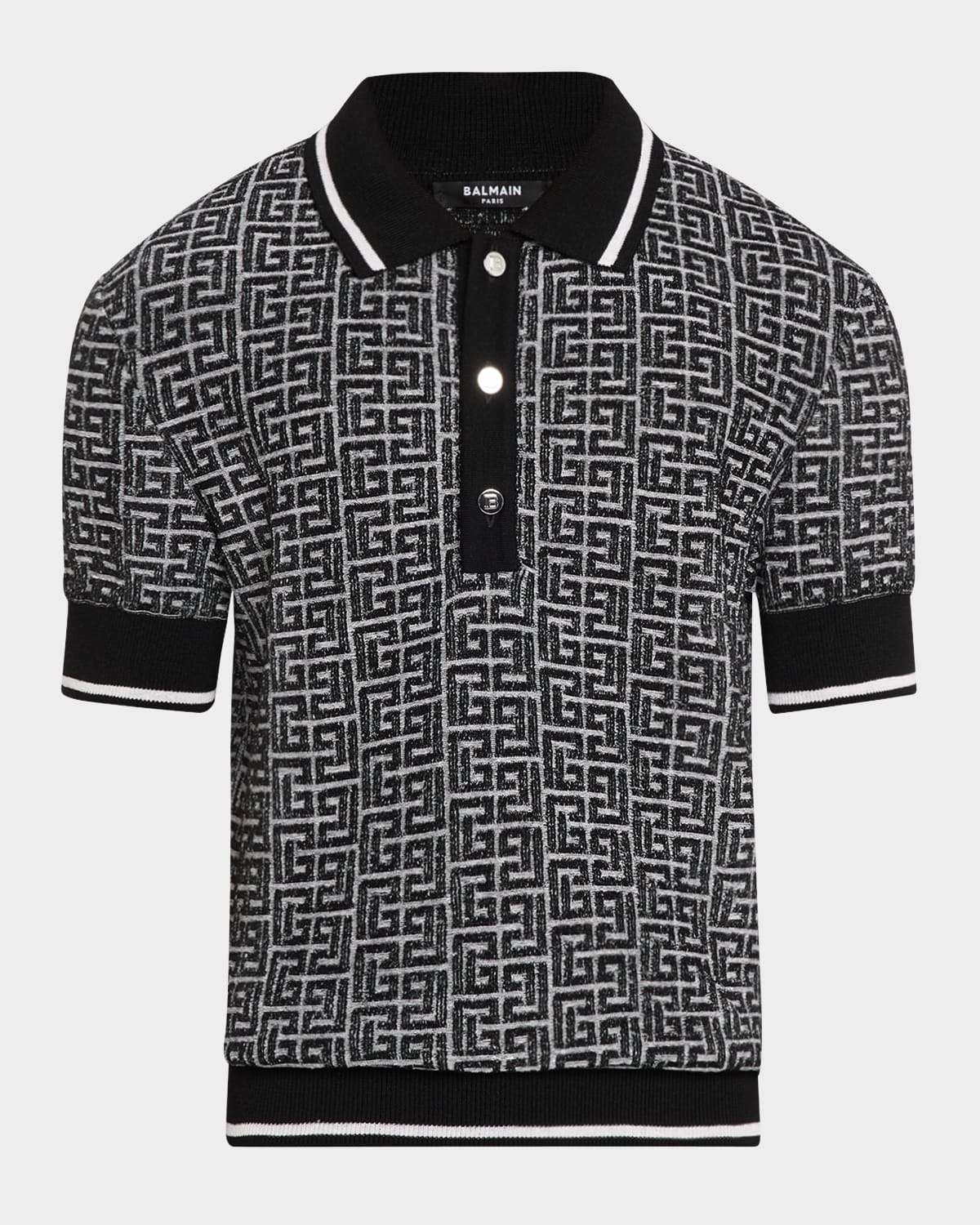 Shop Balmain Men's Monogram Knit Polo Shirt In White/blk