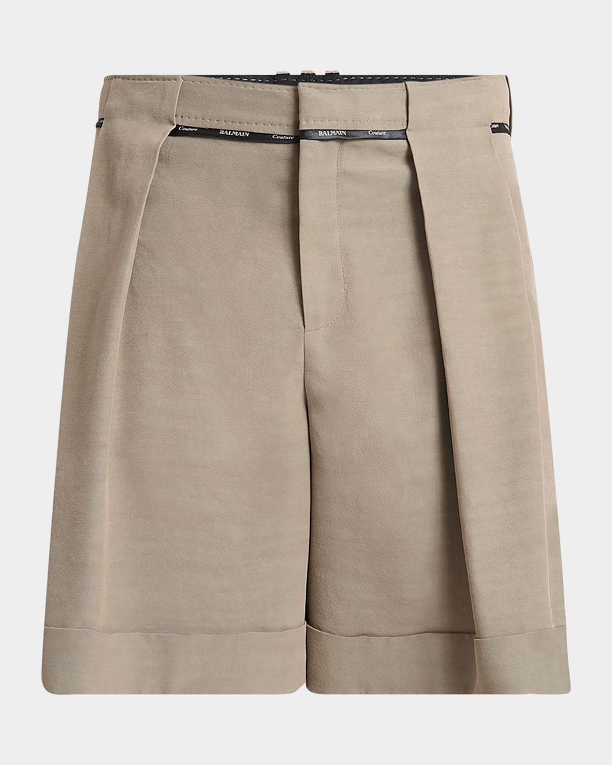 Shop Balmain Men's Piped Large-pleat Shorts In Taupe