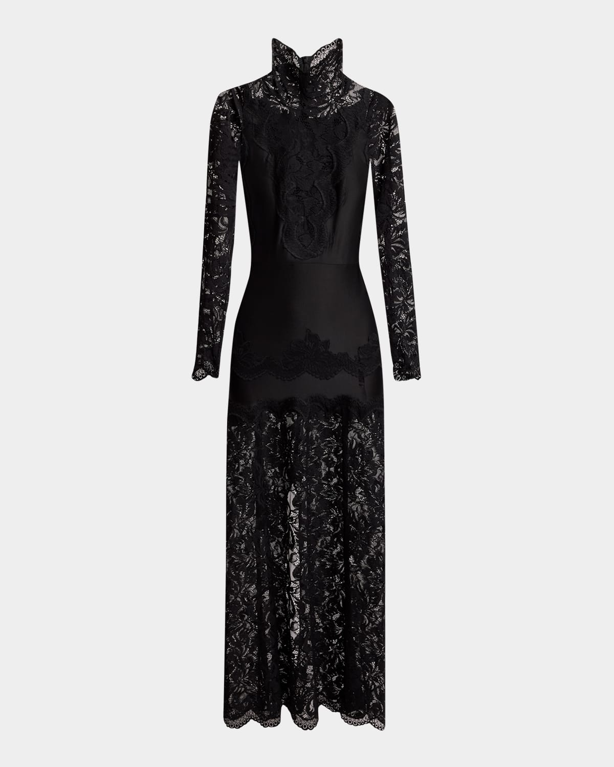 Rabanne Lace Turtleneck Long-sleeve Illusion Maxi Dress In Black