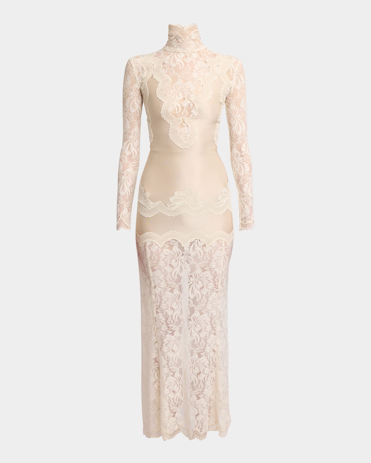 Rabanne Lace Turtleneck Long-sleeve Illusion Maxi Dress In Ivory