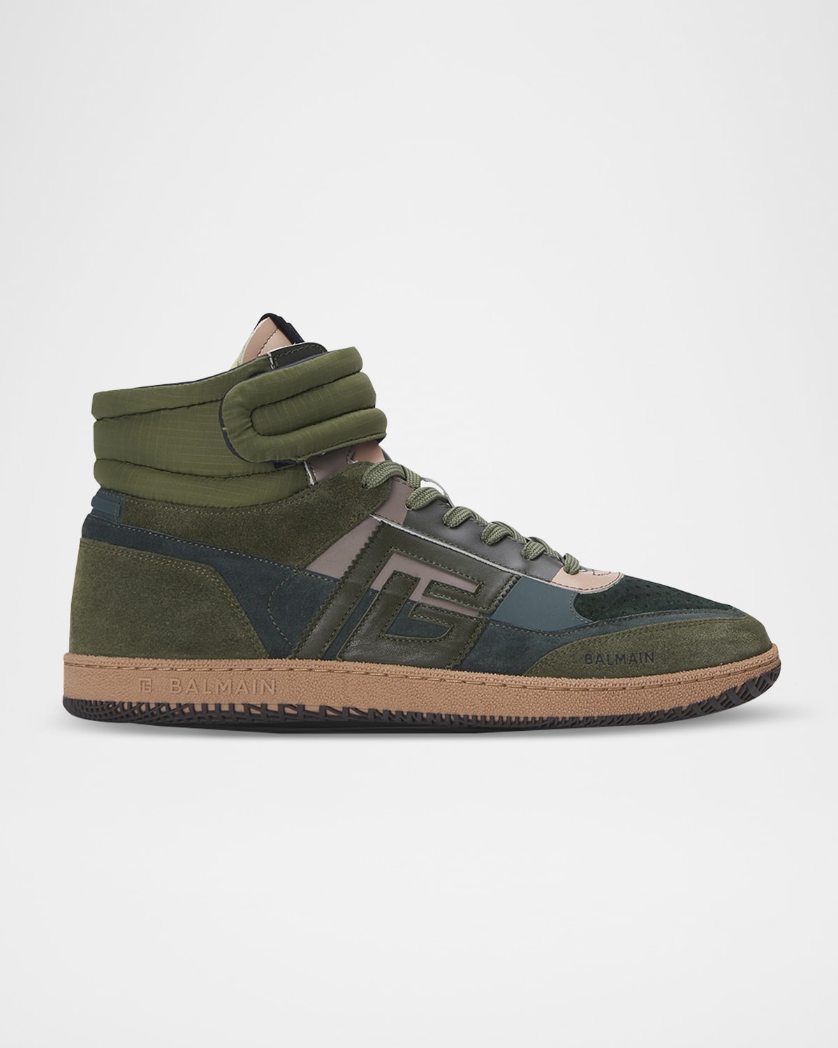 Shop Balmain Men's Swan Calfskin And Suede Mid-top Sneakers In Kaki/black