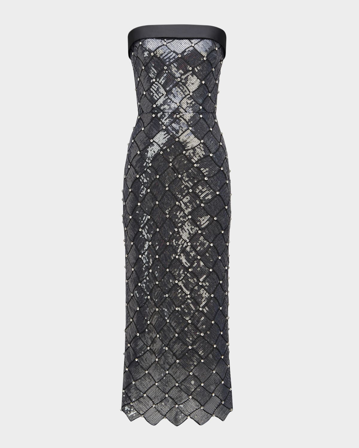 Theia Strapless Sequin Column Midi Dress In Gunmetal