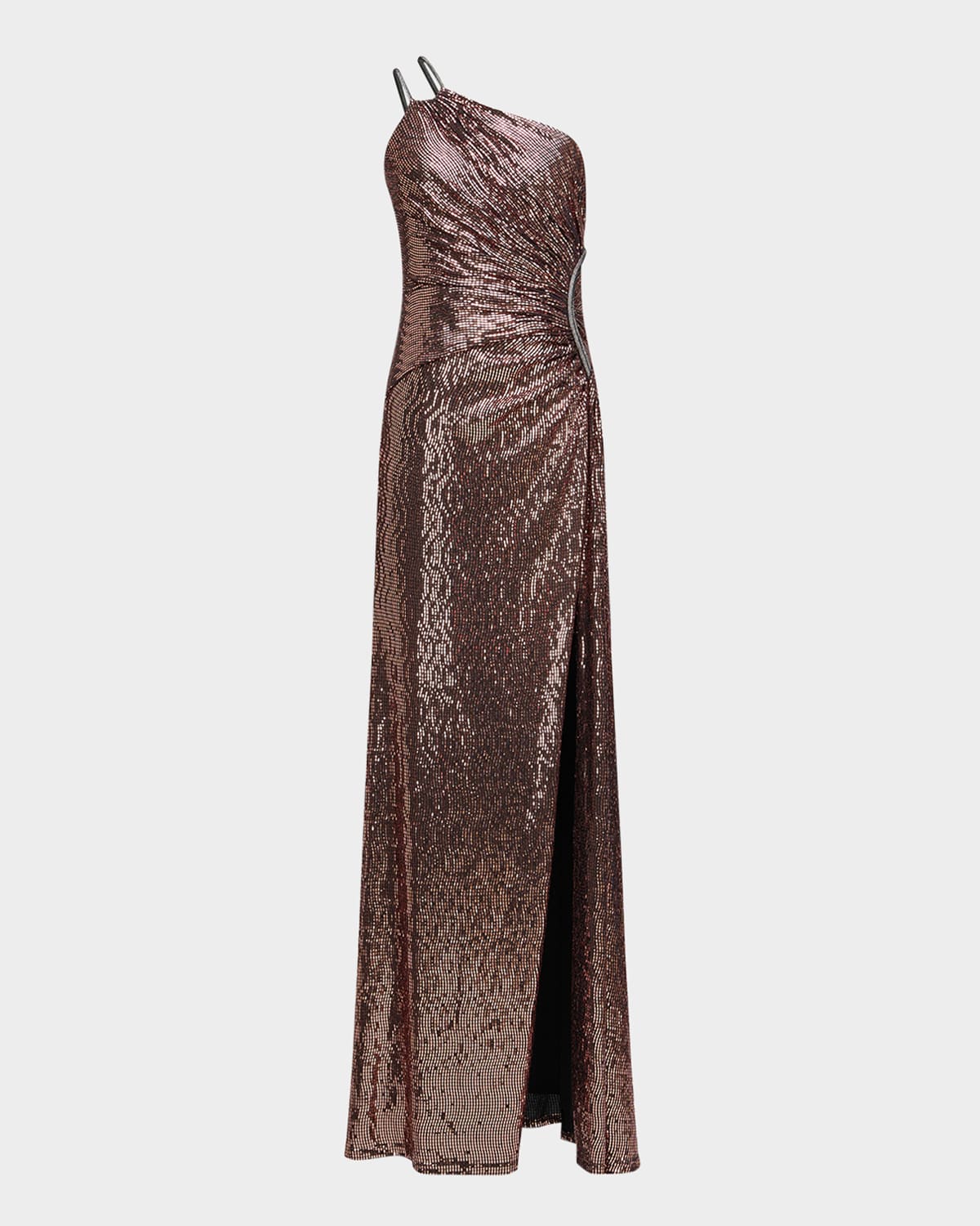 Shop Theia Roxanne One-shoulder Metallic Gown In Rose Gold