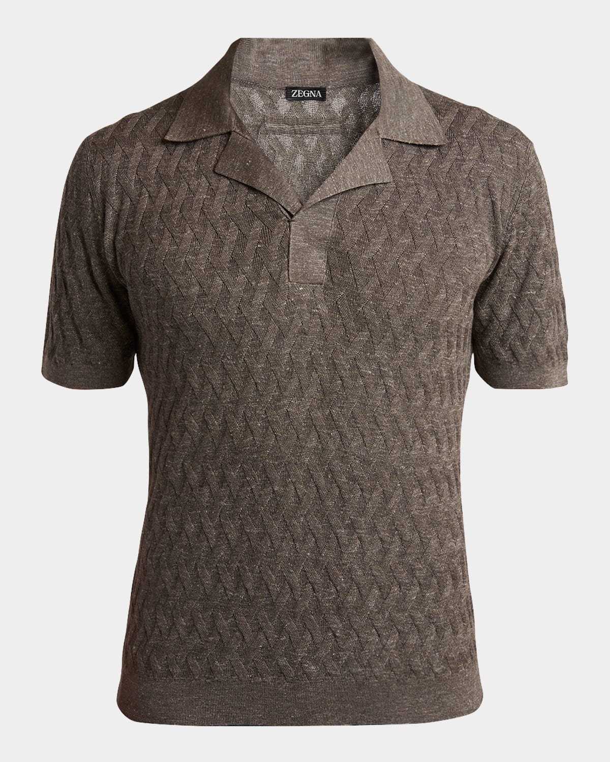 Zegna Men's Melange Diamond Mesh Polo Sweater In Dk Bge Sld