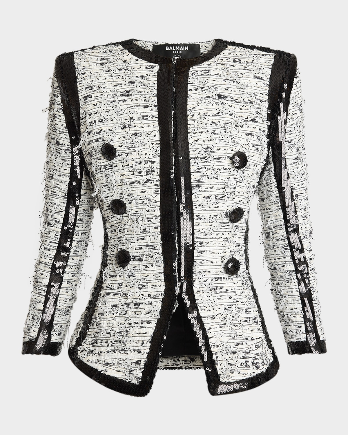 BALMAIN COLLARLESS RAW-EDGE SEQUINED BLAZER 