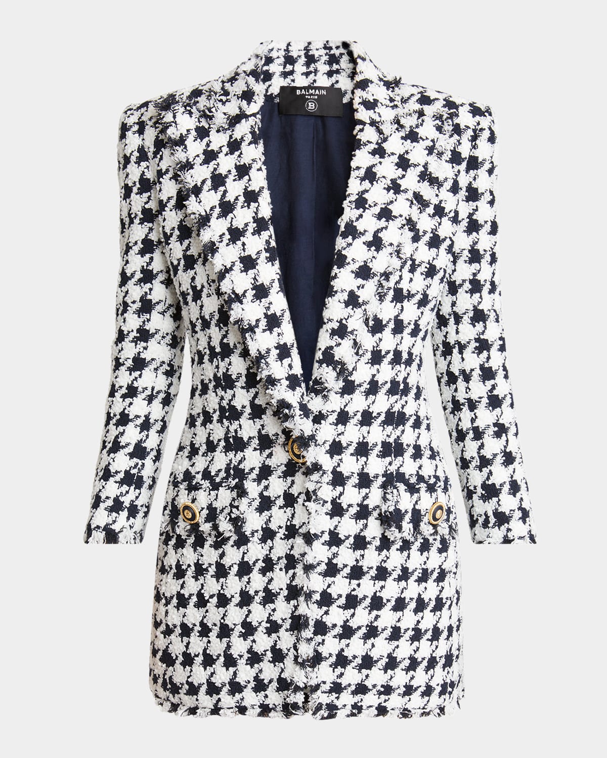 Balmain Long Tweed Houndstooth Blazer In Navy White