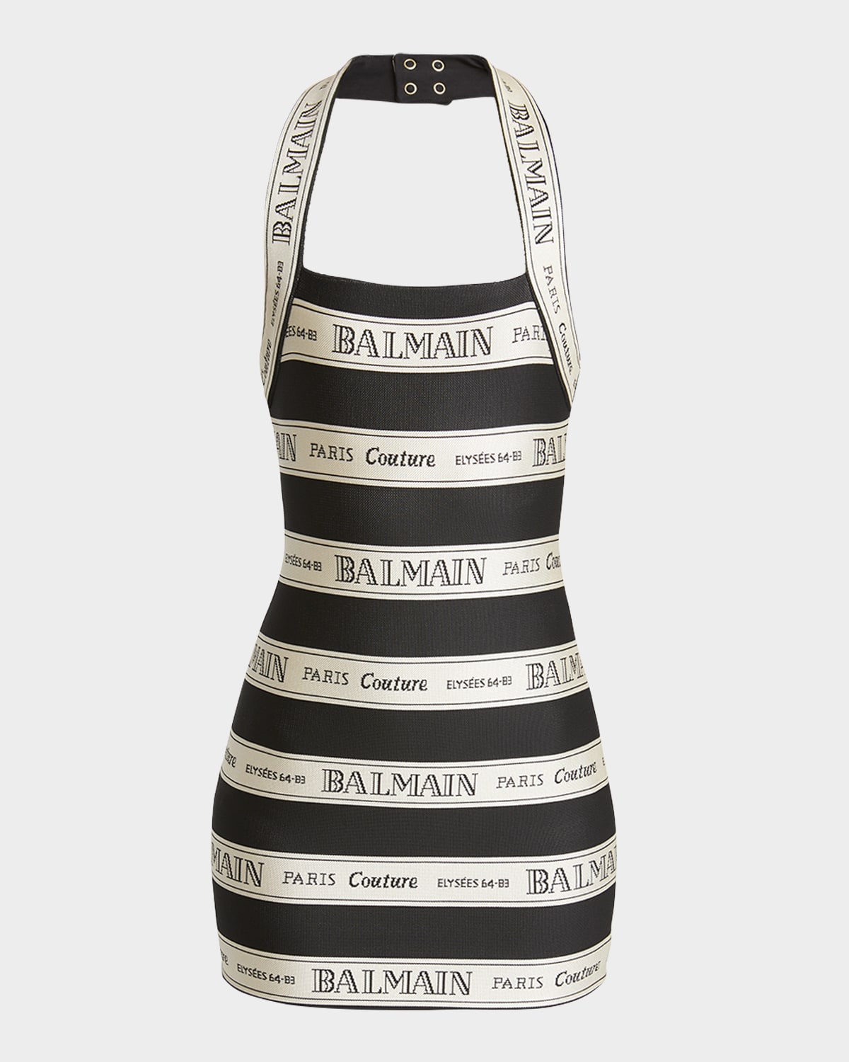 Balmain Striped Halterneck Jacquard Minidress In Blk Beige