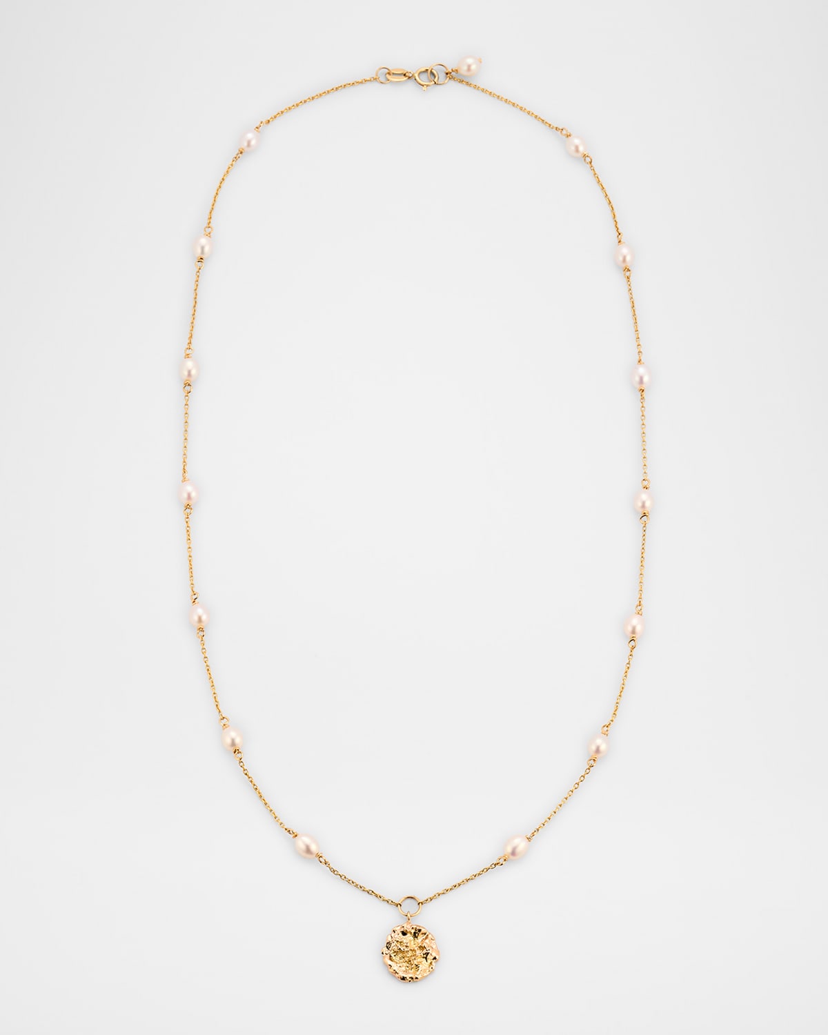 14K Yellow Gold Nugget Pearl Station Necklace