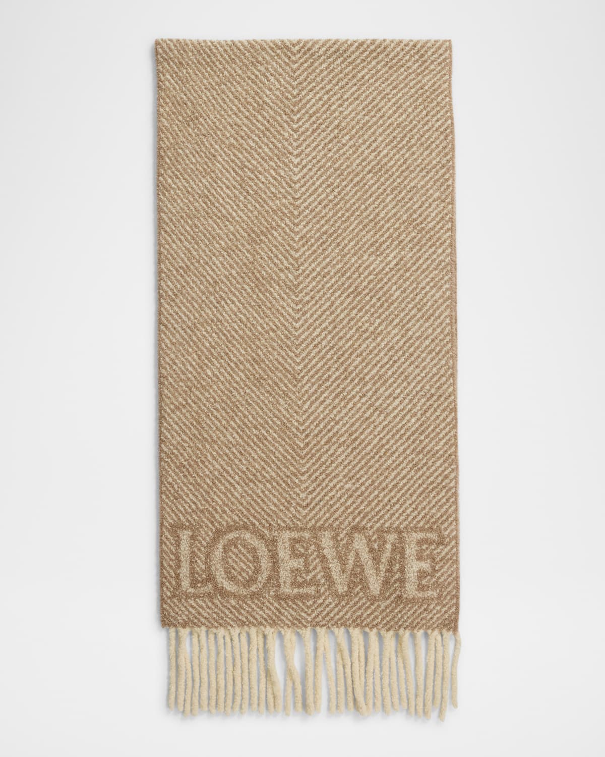 Shop Loewe Logo Fringe Wool-blend Scarf In Beige/ecru