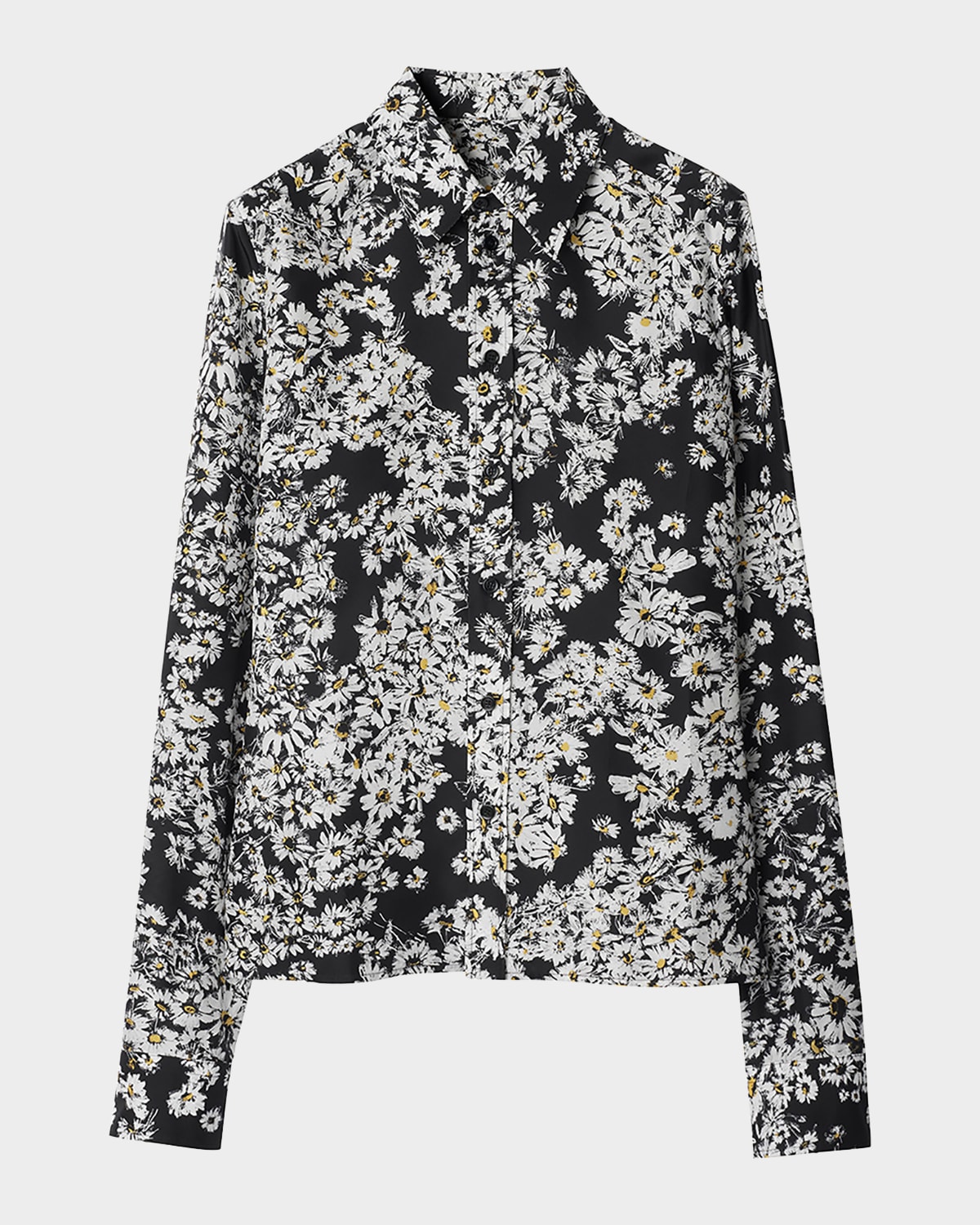 Burberry Flower Print Button Down Silk Top In Black Ip Pat