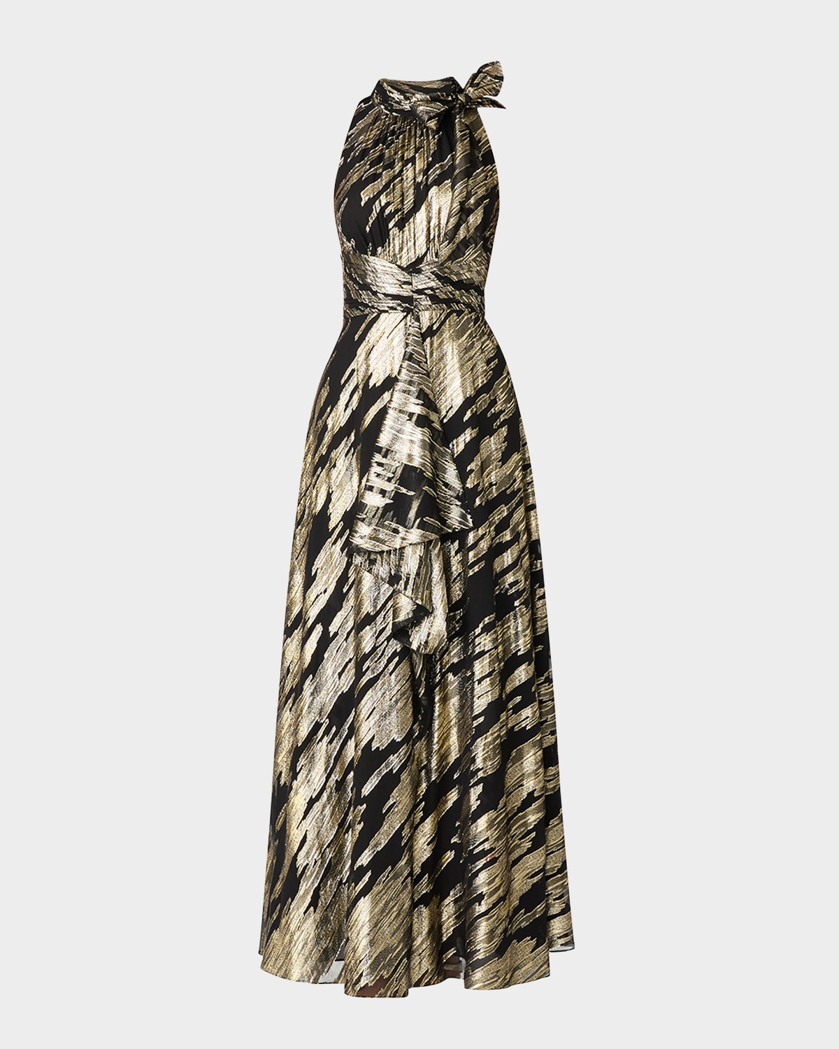 Shoshanna Faye Draped Metallic Jacquard Halter Gown In Jetgold