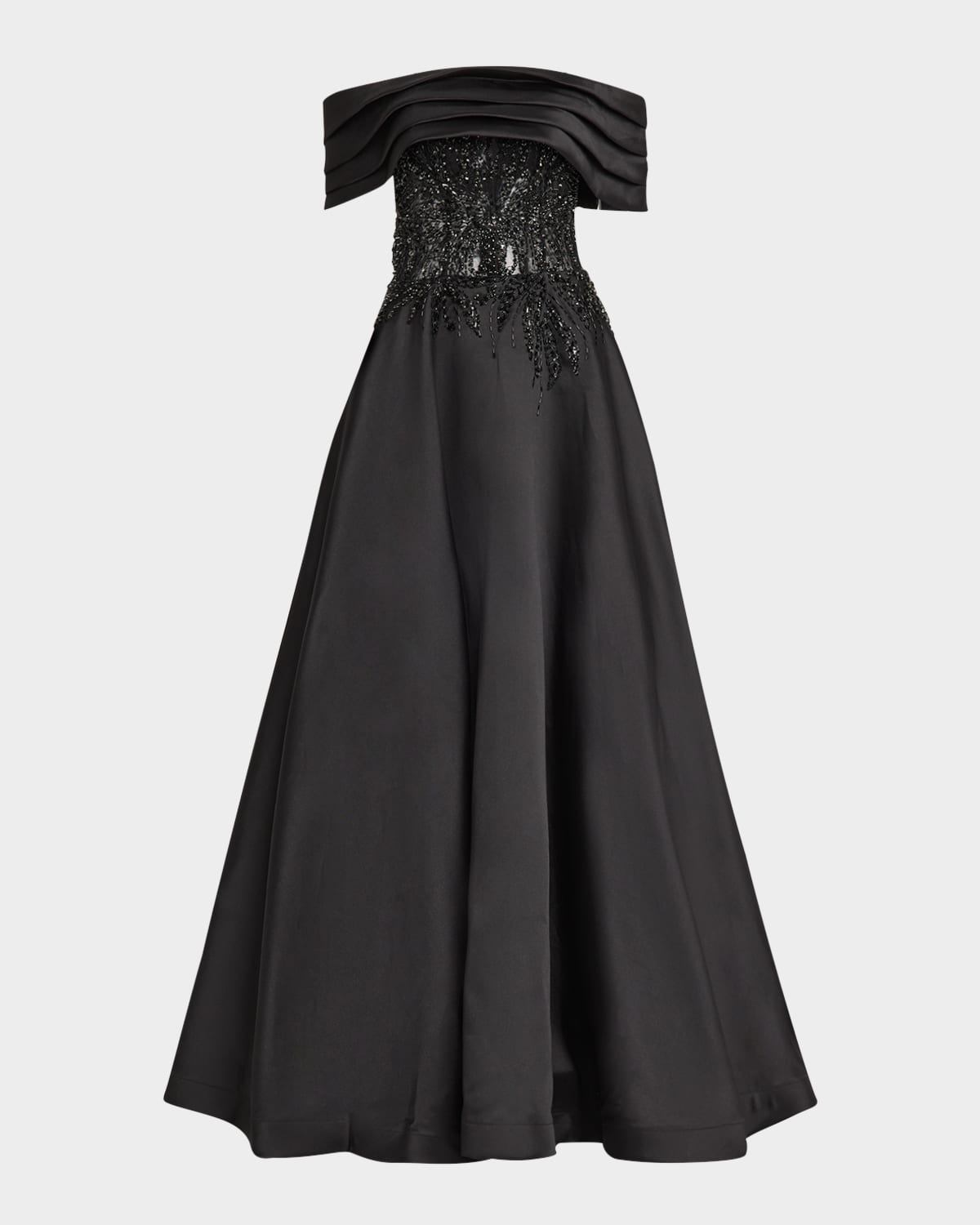 Pleated Off-Shoulder Lace-Embellished Gown