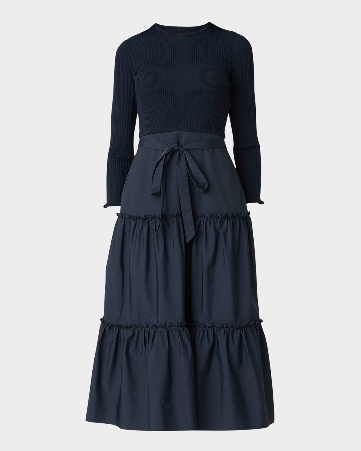 Shoshanna Magda Tiered Mixed Media Midi Dress In Navy
