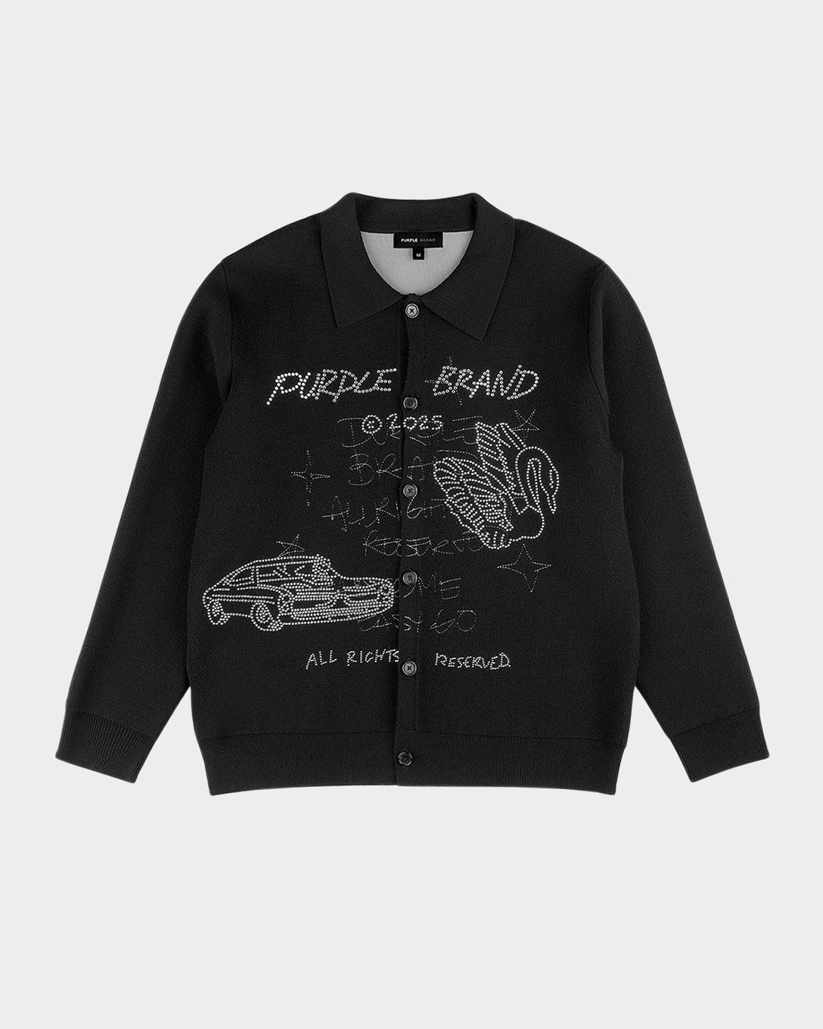 Purple Men's Rhinestone Graphic Cardigan In Black