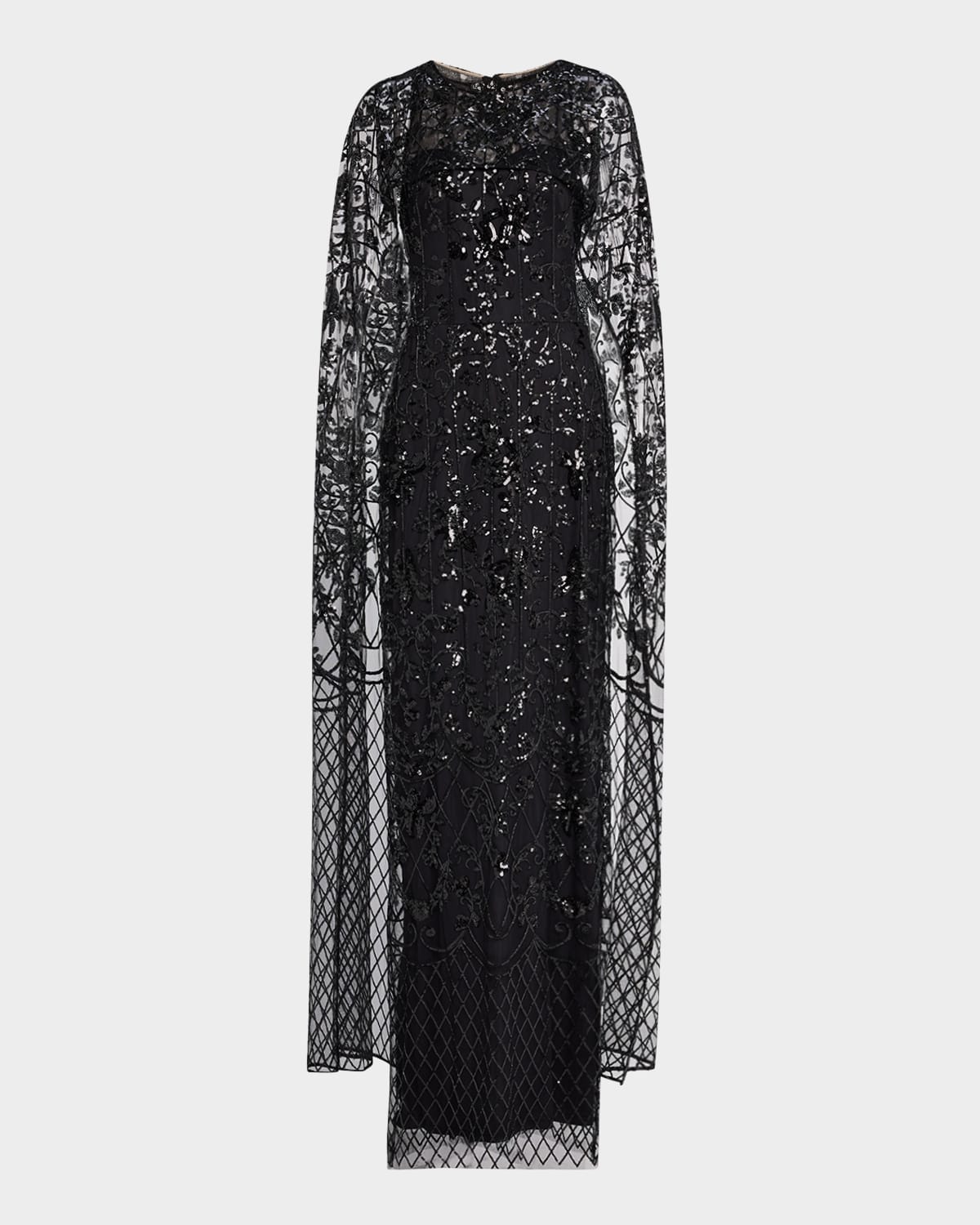 MARCHESA NOTTE SEQUIN CAPE COLUMN GOWN 