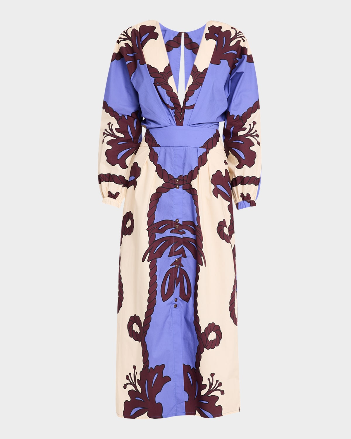 Johanna Ortiz Latitud Marina Long Sleeve Cotton Poplin Midi Dress In Tropical Catch - Ecru-blue-red
