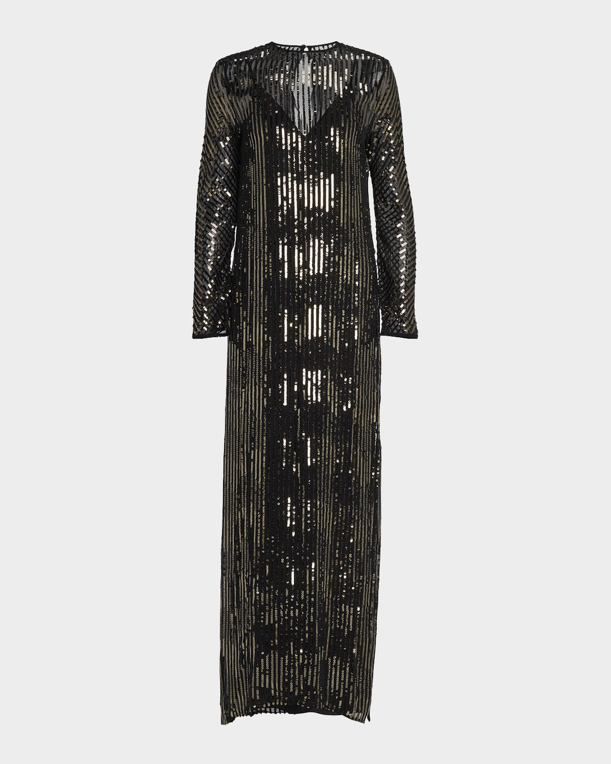 Shop Johanna Ortiz Sequin Nautical Striped Long-sleeve Maxi Tunic Dress In Blackdark Gold