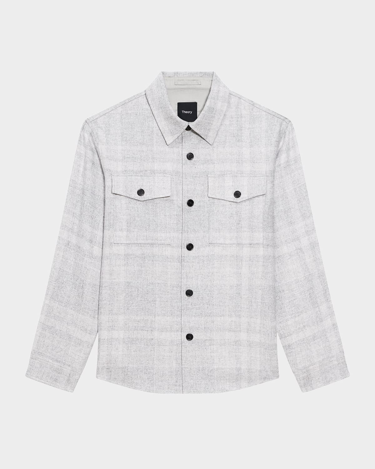 Theory Plaid Flannel Button-up Overshirt In Lt Gry Mel