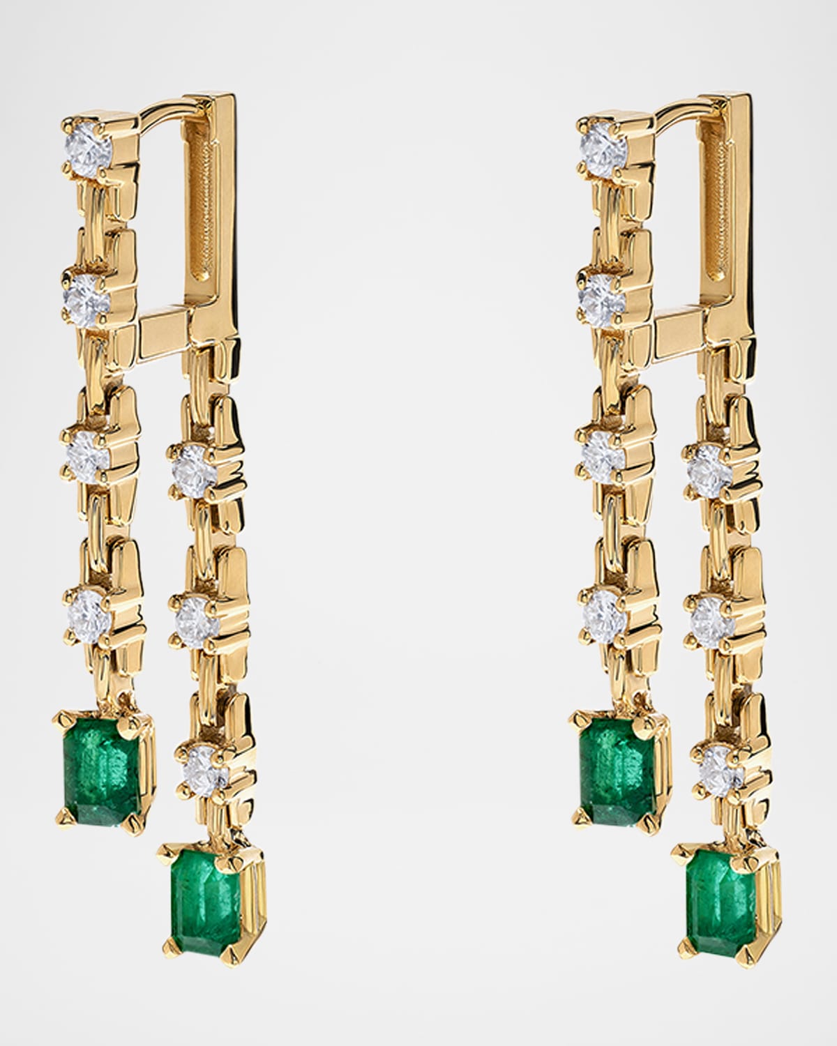 18K Yellow Gold Pirouette Two-Strand Diamond and Emerald Earrings