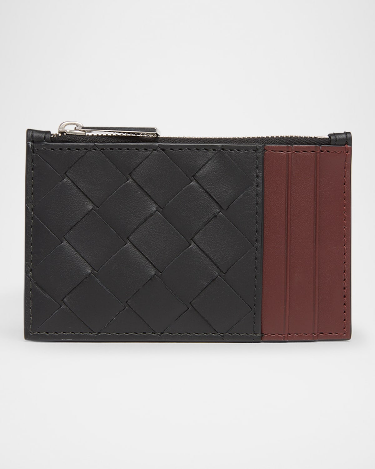Bottega Veneta Men's Intrecciato Bicolor Leather Zipped Card Holder In Nero/trufl