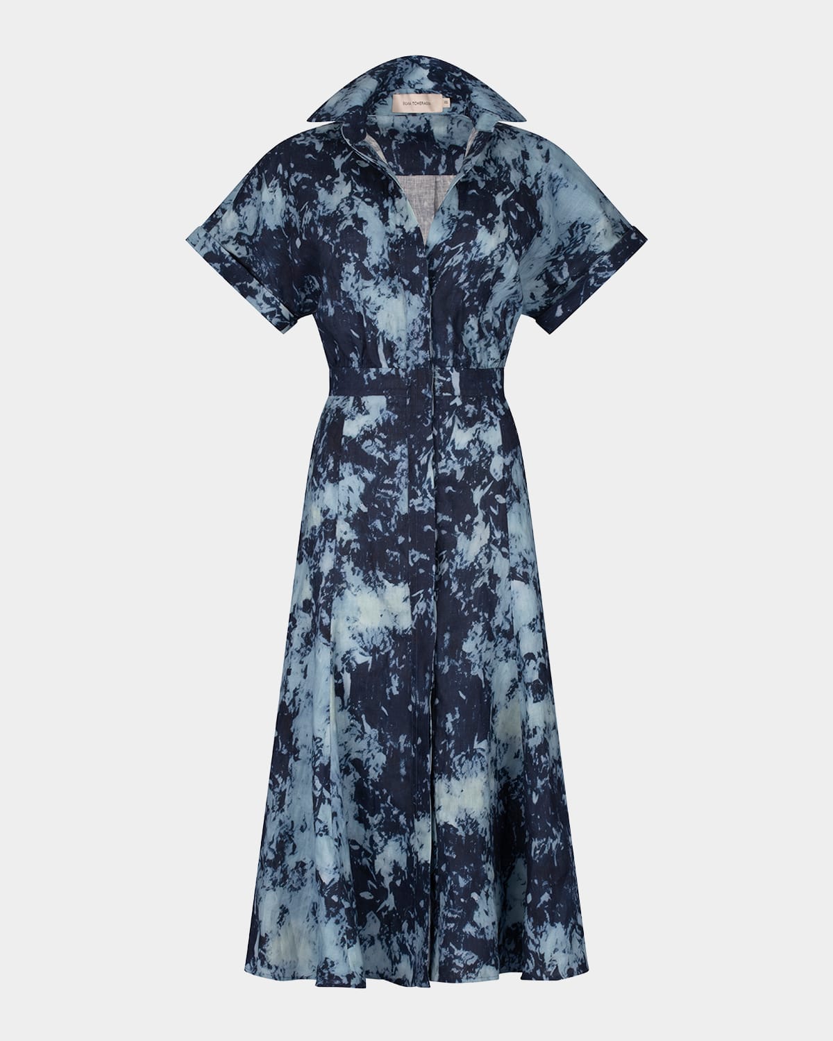 Silvia Tcherassi Noor Tie-dye Linen Short-sleeve Midi Shirtdress In Indigo
