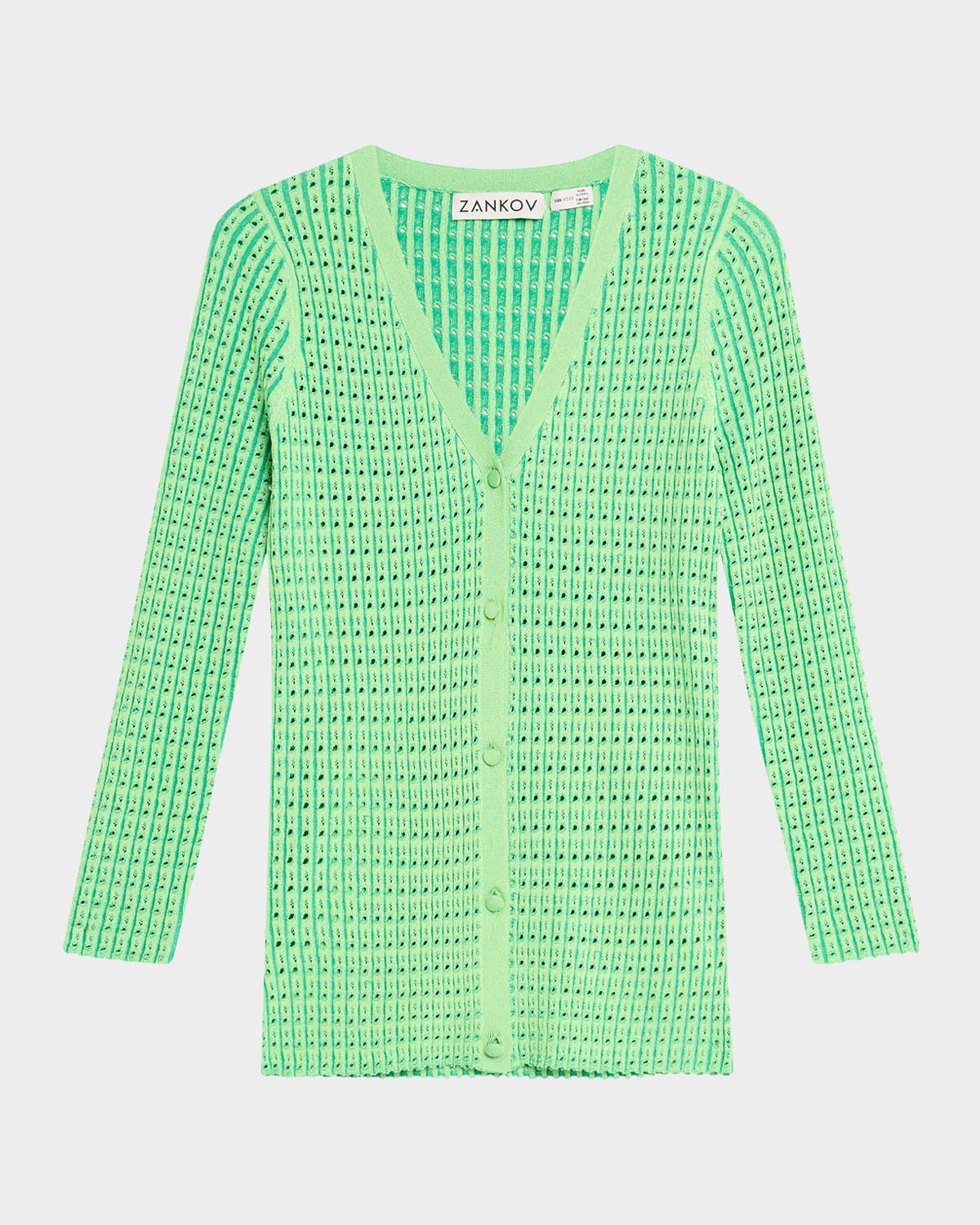 Zankov Elise V-neck Pointelle Knit Cardigan In Fluo Lime Multi