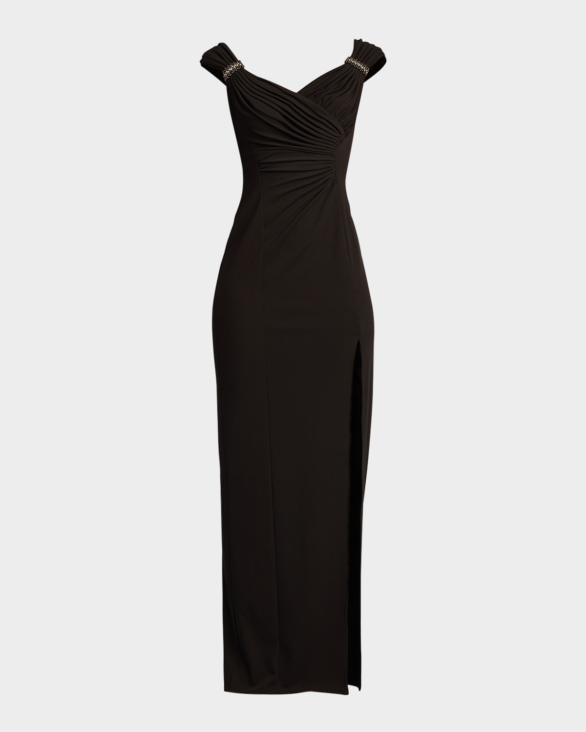 Sho By Tadashi Shoji Embellished Shoulder Ruched Body-con Gown In Black