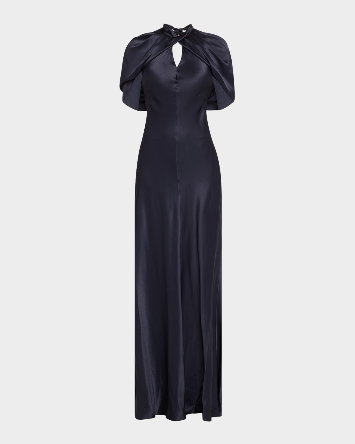 Alberta Ferretti Twisted Cape-sleeve Open-back Satin Gown In Dark Blue