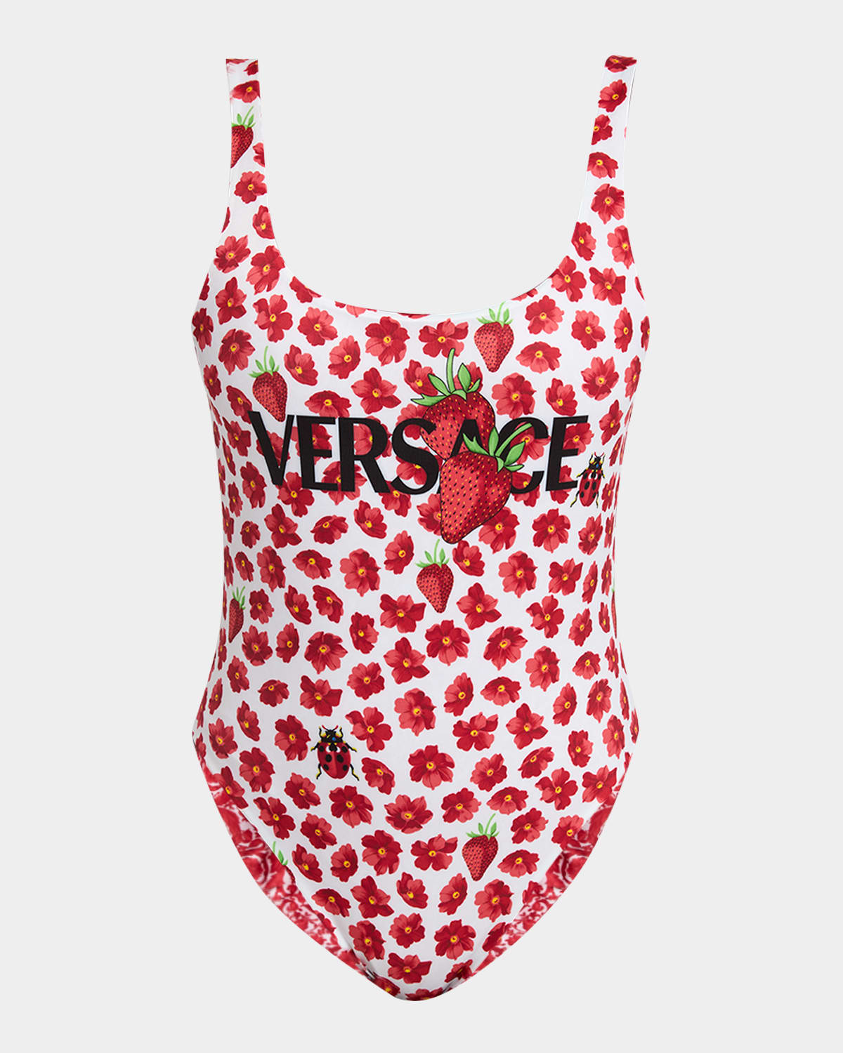 Versace Strawberry Garden Barocco Reversible One-piece Swimsuit In White  Red