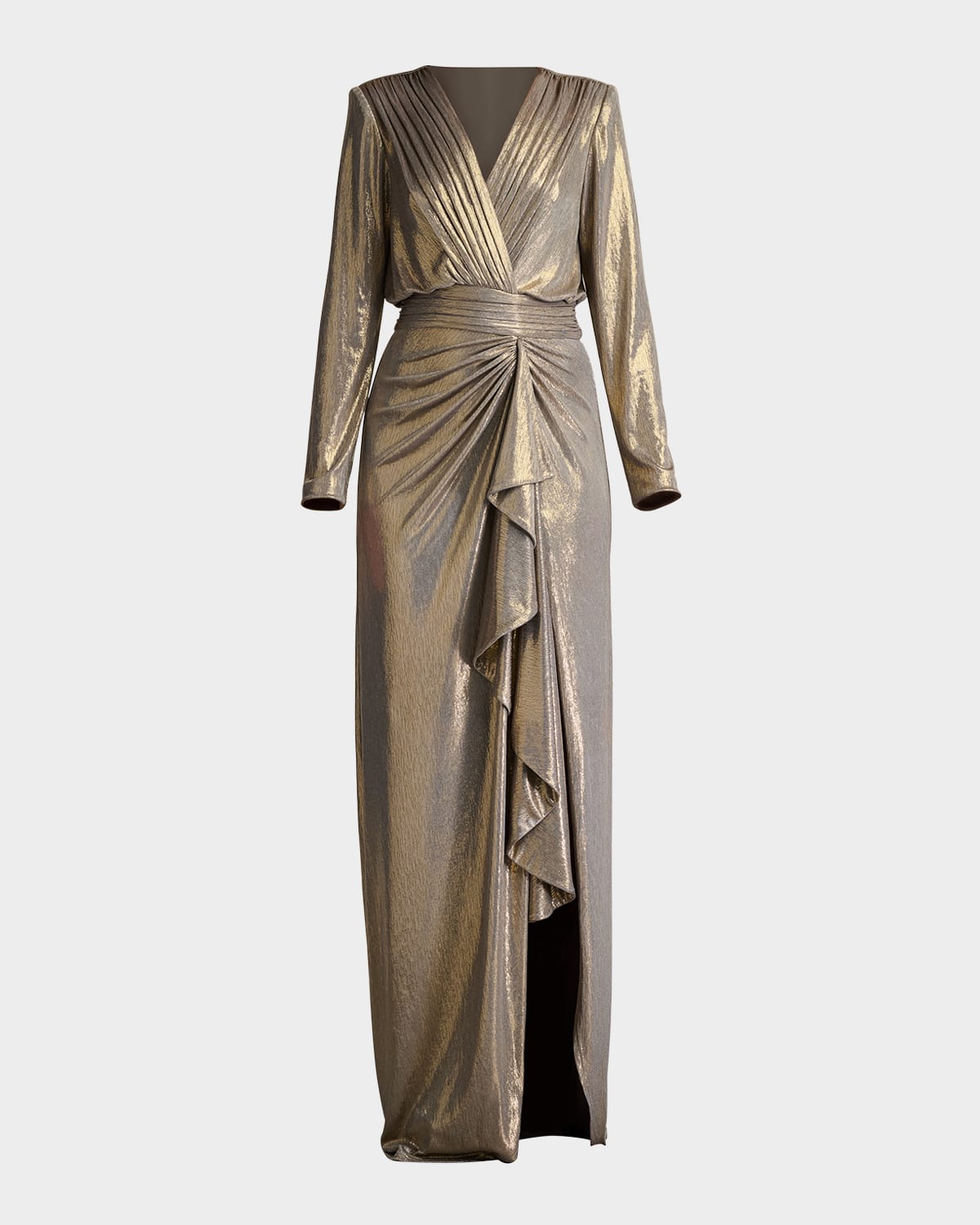 Tadashi Shoji Ruched Metallic Jersey Column Gown In Smoke Pearl