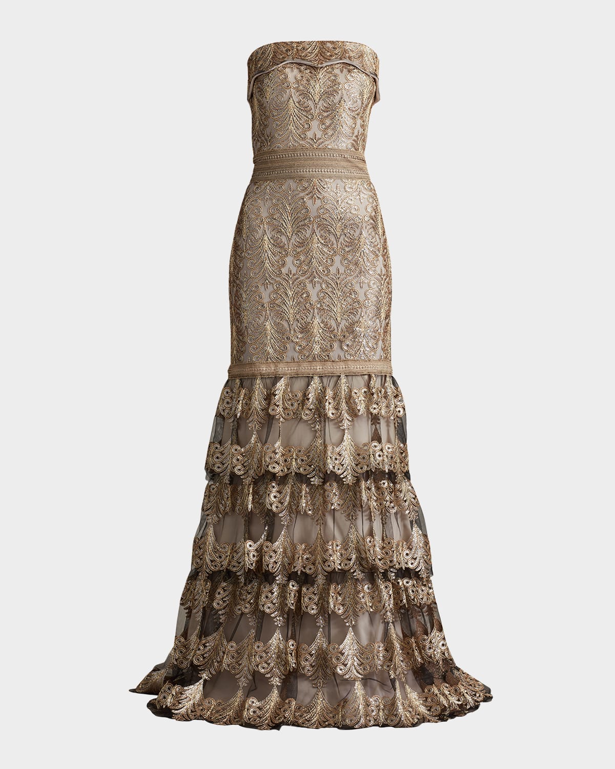 Tadashi Shoji Metallic Corded Embroidered Tulle Strapless Gown In Copper Shadow
