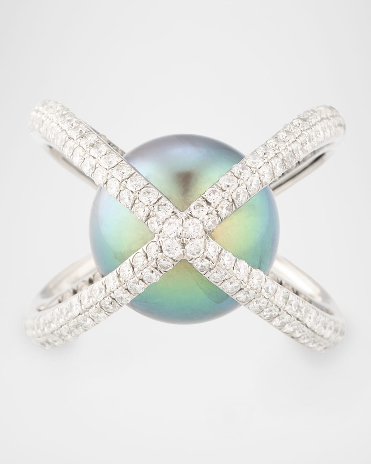 18K White Gold Tahitian Pearl and Diamond Ring, Size 7