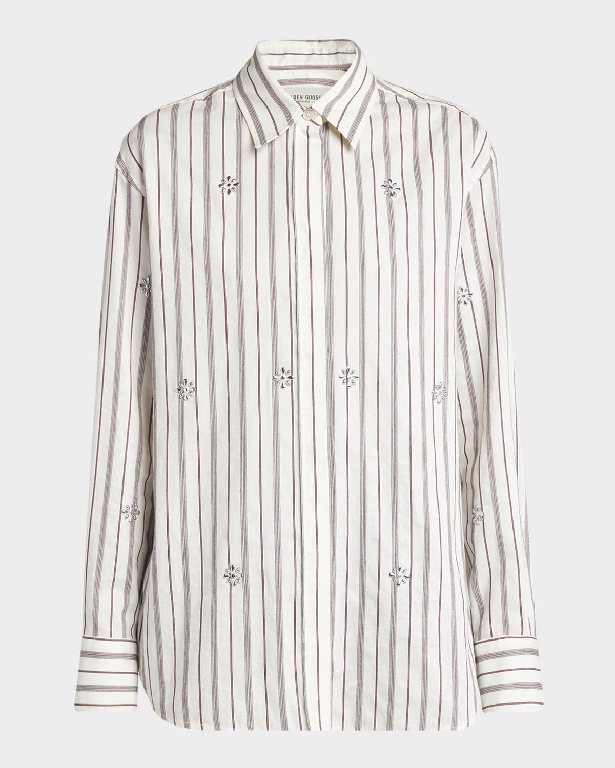 Golden Goose Marysole Embellished Striped Button-down Shirt In Papyruswindsorwine