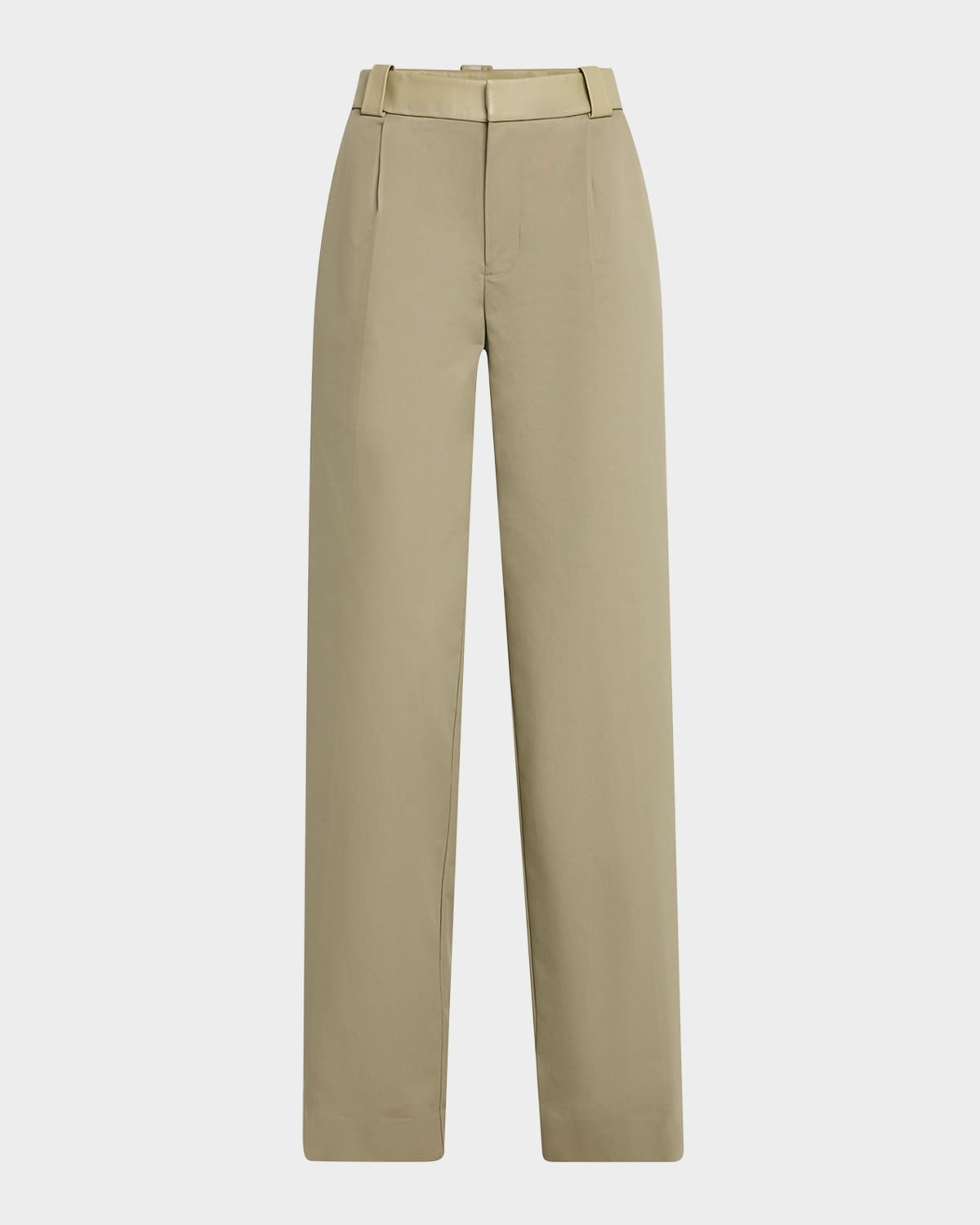 Leather-Waist Pleated Cotton Straight-Leg Trousers