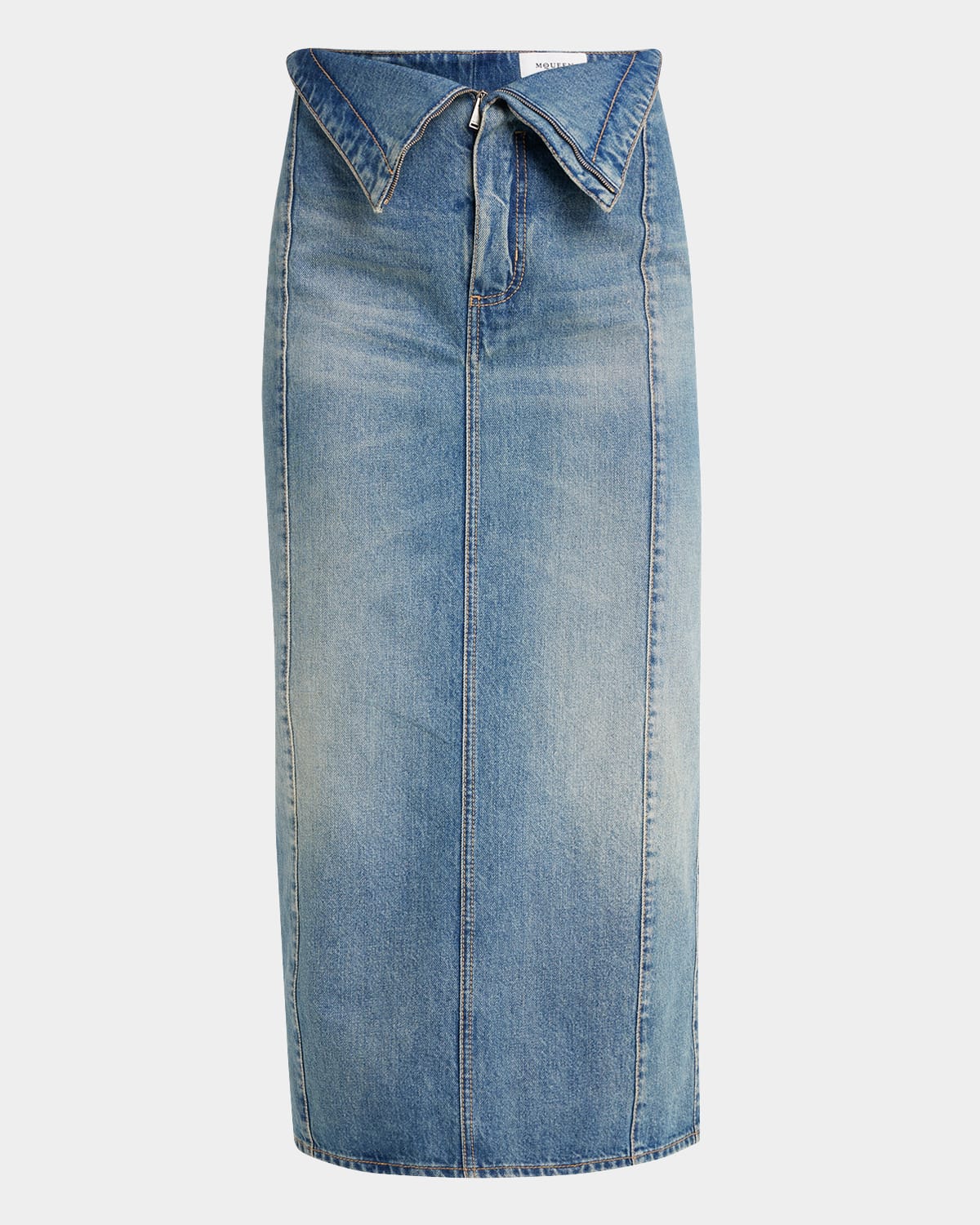 Alexander Mcqueen Foldover-waist Midi Denim Skirt In Indigoivy