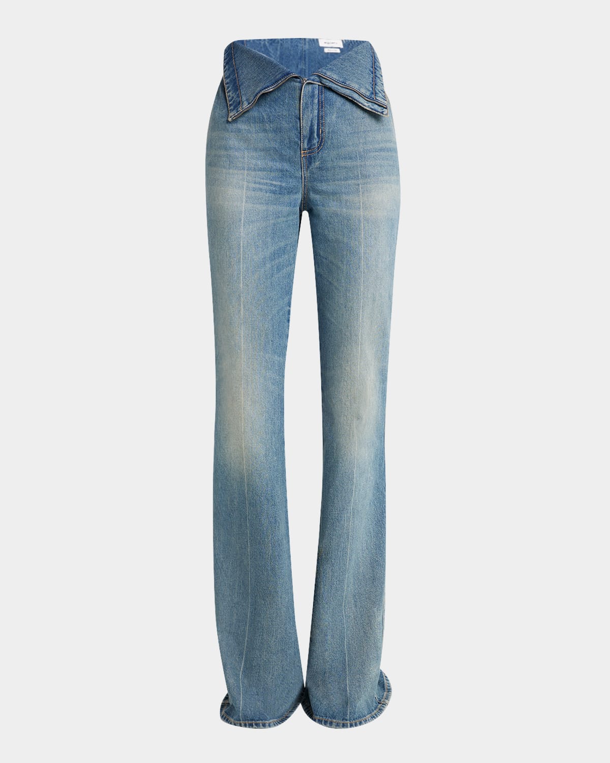 Alexander Mcqueen Foldover-waist Denim Flare Trousers In Indigoivy