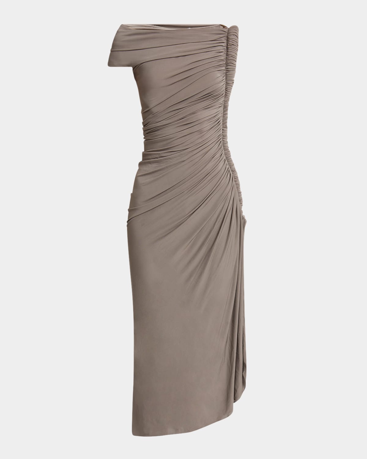 Alaïa Asymmetric Ruched Off-shoulder Midi Dress In Taupe
