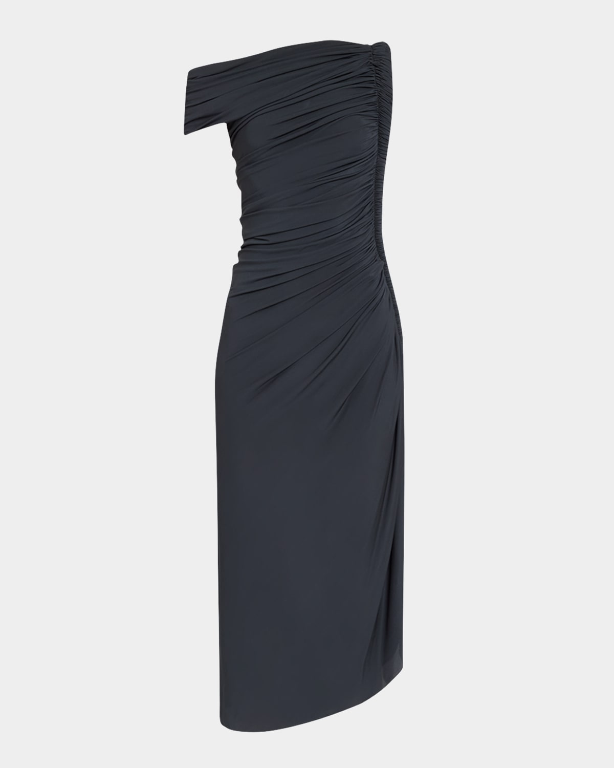 ALAÏA ASYMMETRIC RUCHED OFF-SHOULDER MIDI DRESS 