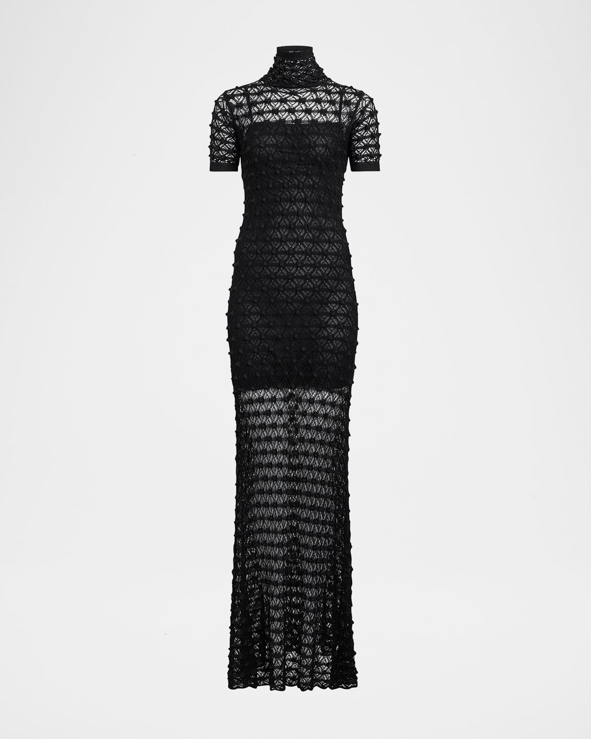 ALAÏA MOCK-NECK SHORT-SLEEVE SHEER LACE GOWN 